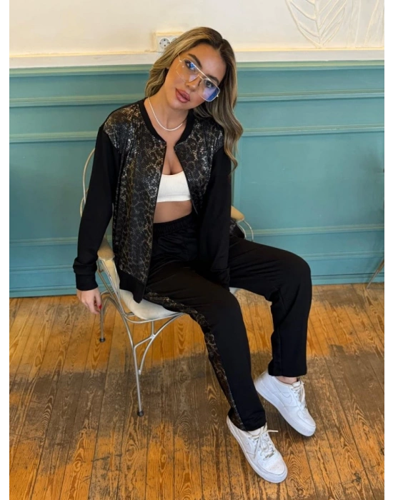 Kadın İki İplik Kumaş Yılan Desenli Fermuarlı İkili Takım