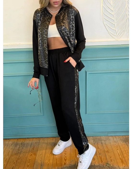 Kadın İki İplik Kumaş Yılan Desenli Fermuarlı İkili Takım