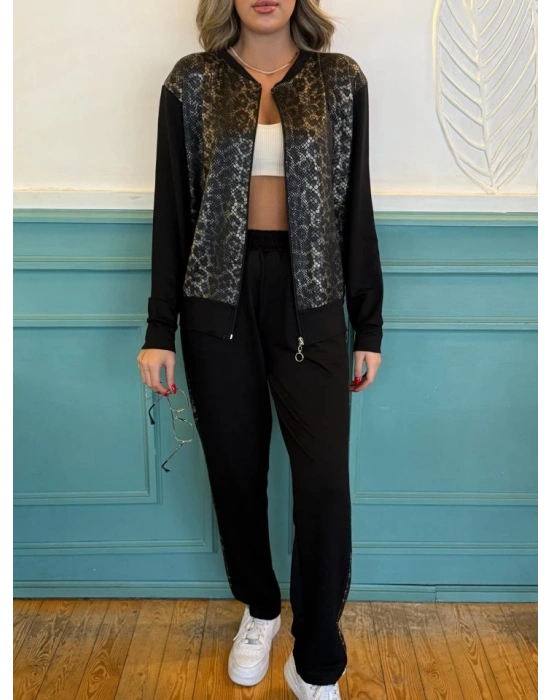 Kadın İki İplik Kumaş Yılan Desenli Fermuarlı İkili Takım