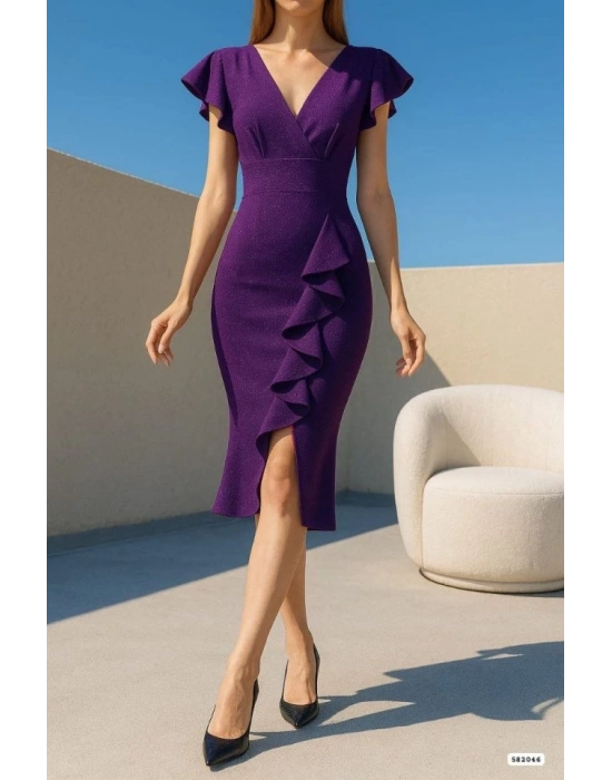 Kadın imli Elbise Kol Pileli Yırtmaç Detaylı Elbise