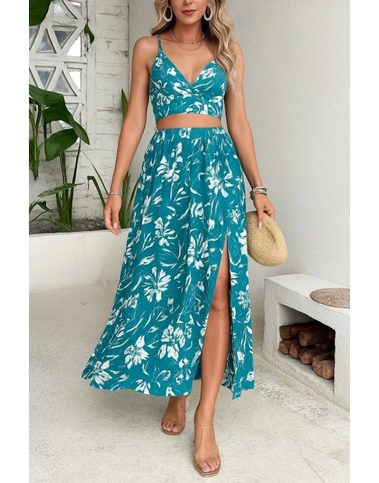 Kadın Ince Askılı çiçek Baskı Desenli Crop Yırtmaçlı Etek Ikili üprem Takım