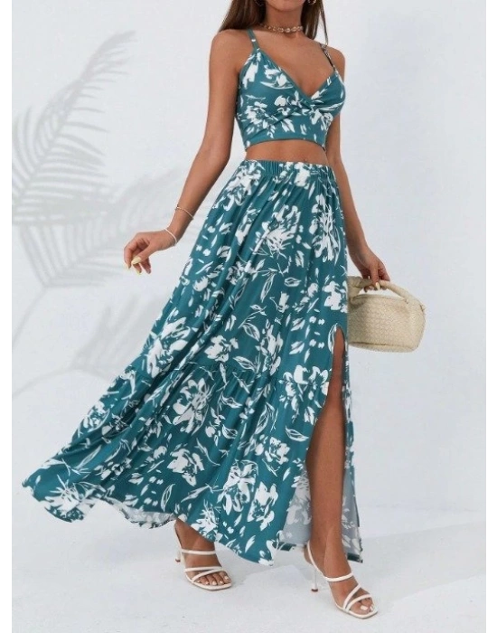 Kadın Ince Askılı çiçek Baskı Desenli Crop Yırtmaçlı Etek Ikili Süprem Takım