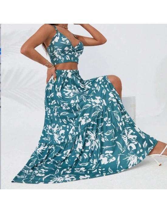 Kadın Ince Askılı çiçek Baskı Desenli Crop Yırtmaçlı Etek Ikili Süprem Takım