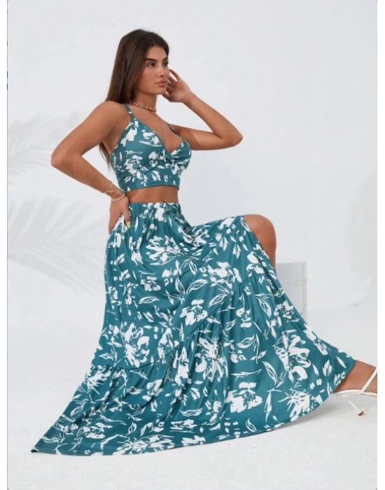 Kadın Ince Askılı çiçek Baskı Desenli Crop Yırtmaçlı Etek Ikili Süprem Takım