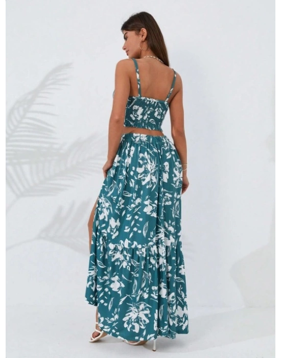 Kadın Ince Askılı çiçek Baskı Desenli Crop Yırtmaçlı Etek Ikili Süprem Takım