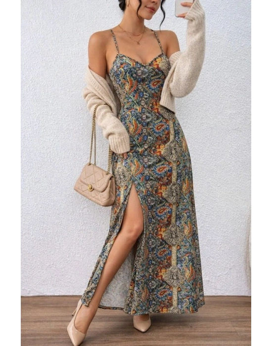 Kadın Ip Askılı Arkadan çapraz Kesim Detaylı Uzun Desenli Süprem Elbise