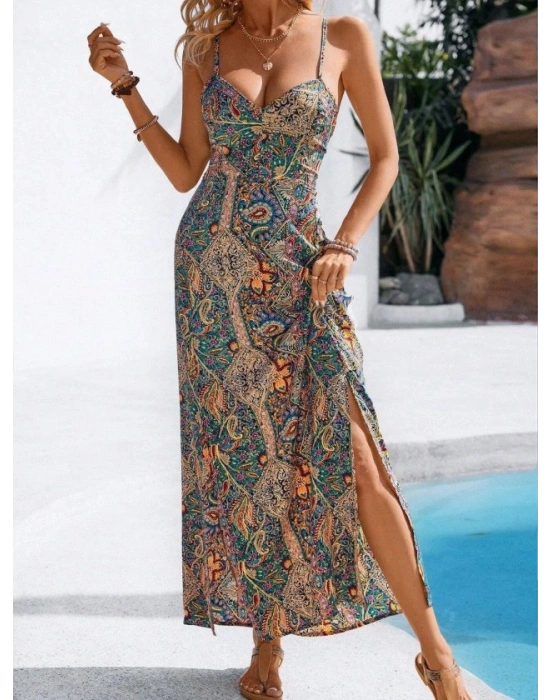 Kadın Ip Askılı Arkadan çapraz Kesim Detaylı Uzun Desenli Süprem Elbise