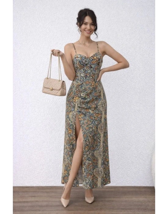 Kadın Ip Askılı Arkadan çapraz Kesim Detaylı Uzun Desenli Süprem Elbise