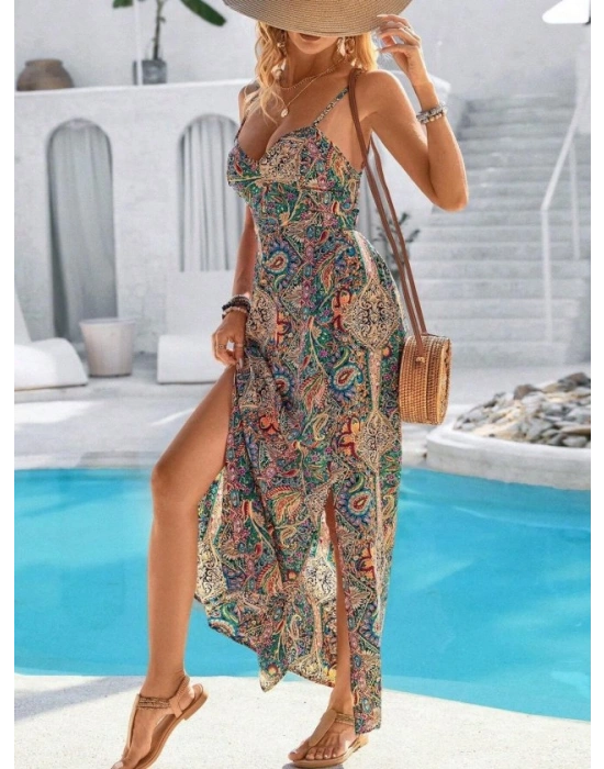 Kadın Ip Askılı Arkadan çapraz Kesim Detaylı Uzun Desenli Süprem Elbise