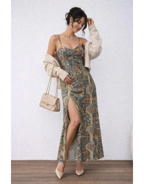 Kadın Ip Askılı Arkadan çapraz Kesim Detaylı Uzun Desenli Süprem Elbise