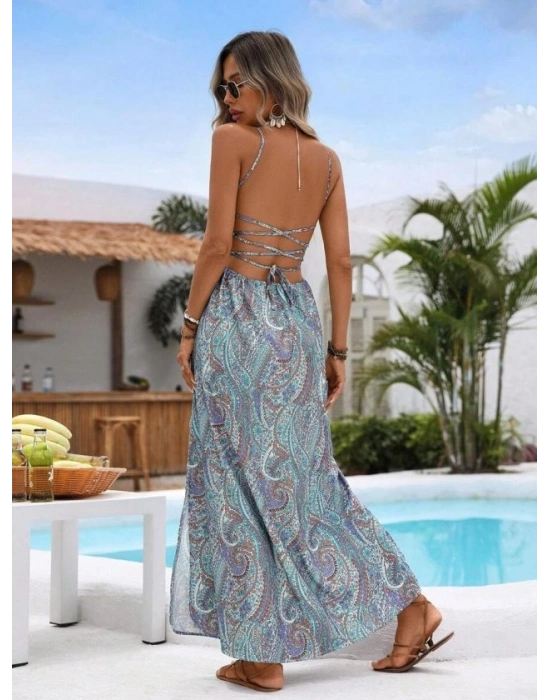 Kadın Ip Askılı Arkadan çapraz Kesim Detaylı Uzun Desenli Süprem Elbise