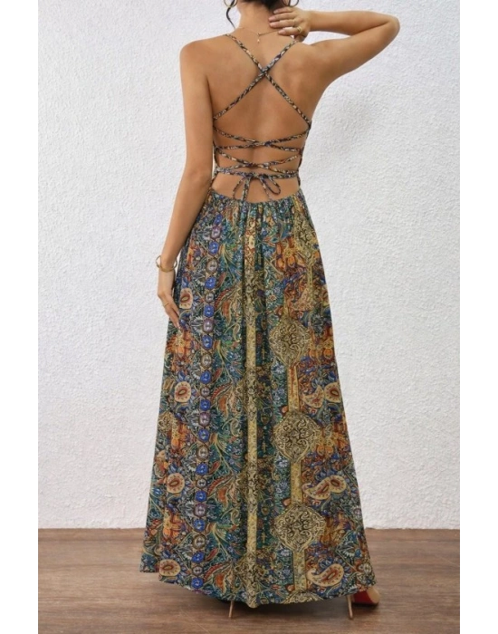 Kadın Ip Askılı Arkadan çapraz Kesim Detaylı Uzun Desenli Süprem Elbise