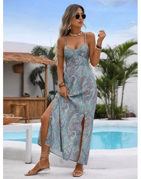 Kadın Ip Askılı Arkadan çapraz Kesim Detaylı Uzun Desenli Süprem Elbise