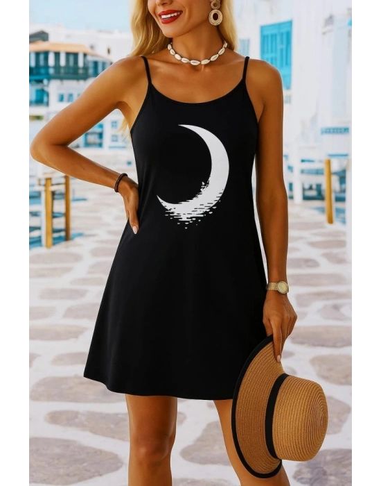 Kadın Ip Askılı Ay Desenli Viskon Elbise