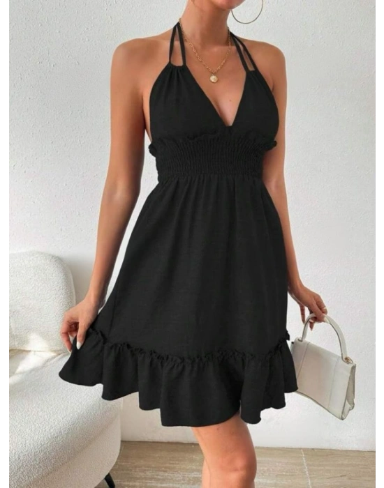 Kadın Ip Askılı Boyundan Bağlamalı Gipe Detay Kısa Sofya Keten Elbise