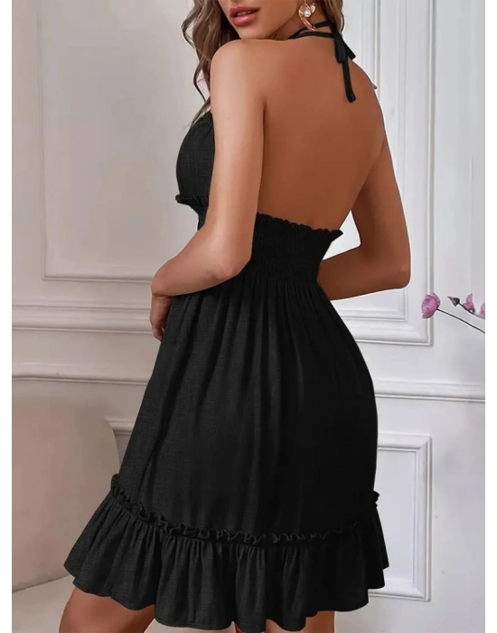 Kadın Ip Askılı Boyundan Bağlamalı Gipe Detay Kısa Sofya Keten Elbise