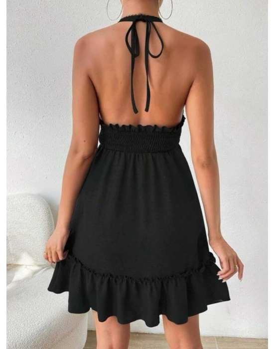 Kadın Ip Askılı Boyundan Bağlamalı Gipe Detay Kısa Sofya Keten Elbise