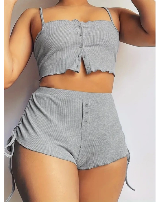 Kadın Ip Askılı Crop Bluz Ve Yanlardan Büzgülü Ikili Kaşkorse Short Takım