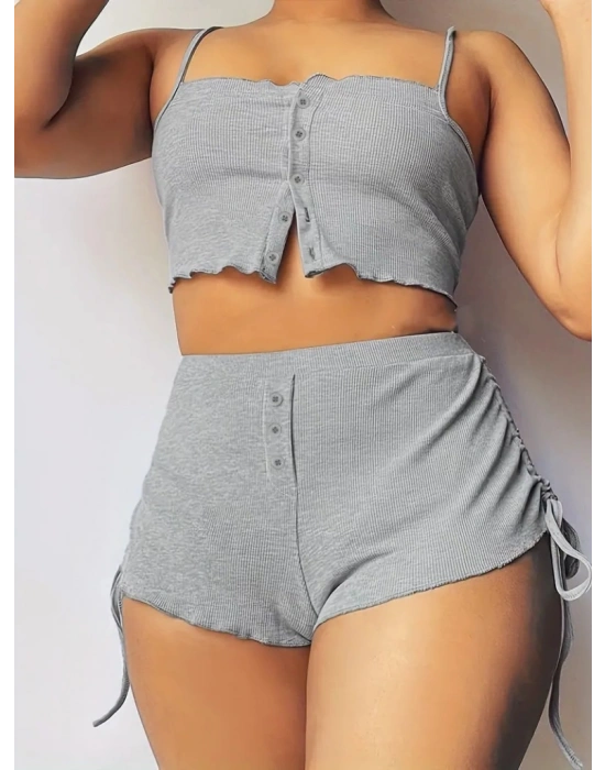 Kadın Ip Askılı Crop Bluz Ve Yanlardan Büzgülü Ikili Kaşkorse Short Takım