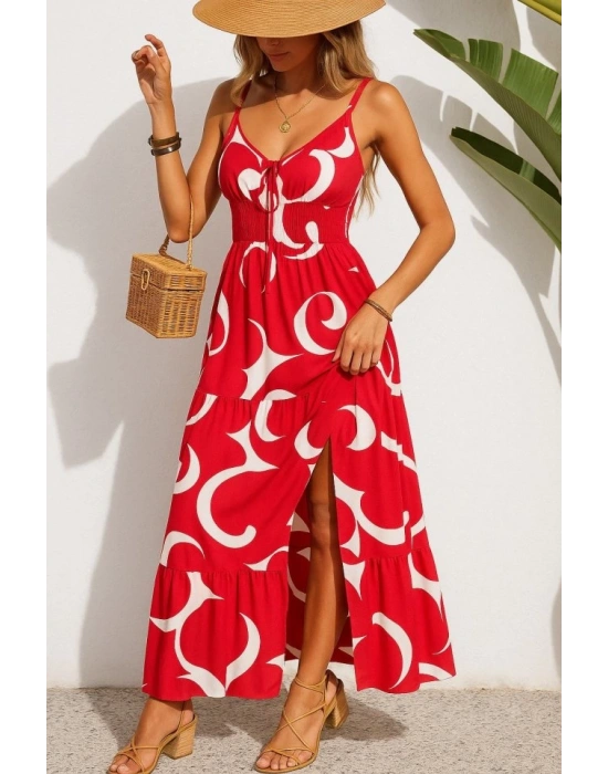 Kadın Ip Askılı Dekolteli Bağcıklı Yırtmaçlı Desenli Süprem Elbise