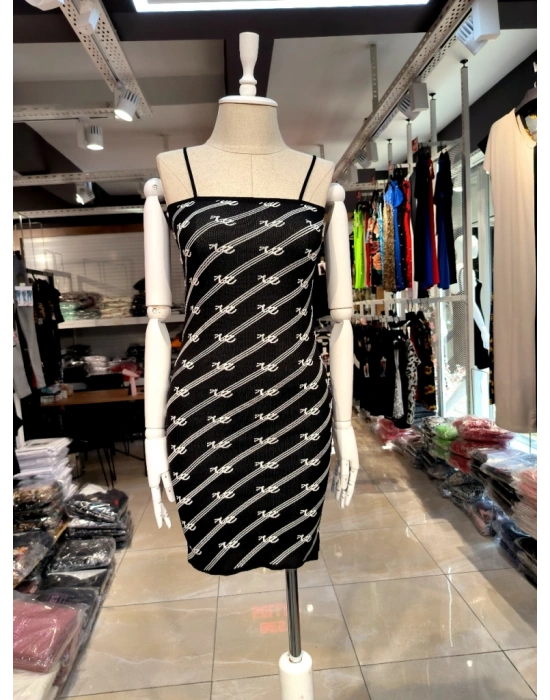 Kadın Ip Askılı Dekolteli çizgi Desenli Triko Elbise