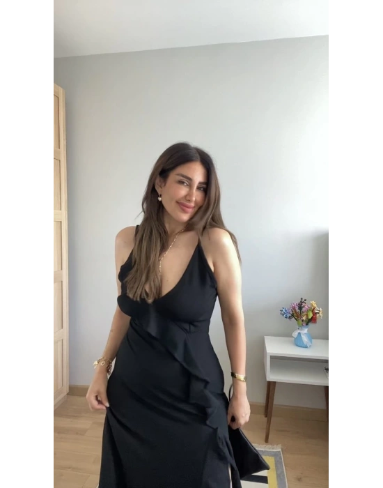 Kadın Ip Askılı Dekolteli Yırtmaç Detay Krep Elbise