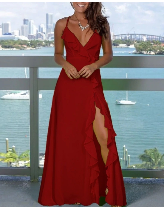 Kadın Ip Askılı Dekolteli Yırtmaç Detay Krep Elbise