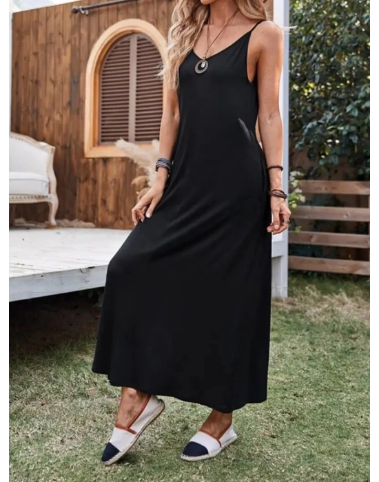 Kadın Ip Askılı Derin Geniş V Yakalı Uzun Viskon Elbise