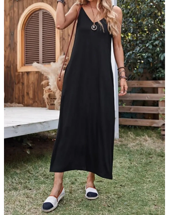 Kadın Ip Askılı Derin Geniş V Yakalı Uzun Viskon Elbise