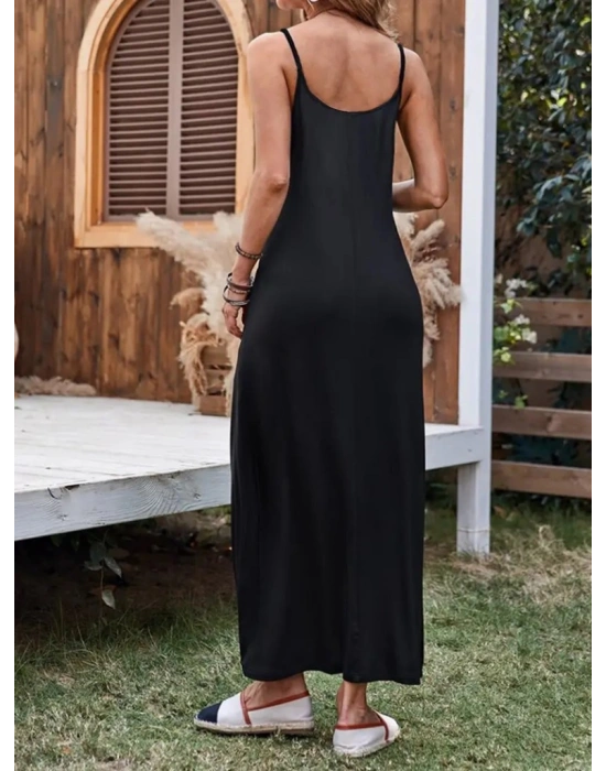 Kadın Ip Askılı Derin Geniş V Yakalı Uzun Viskon Elbise