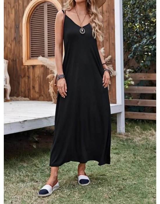 Kadın Ip Askılı Derin Geniş V Yakalı Uzun Viskon Elbise