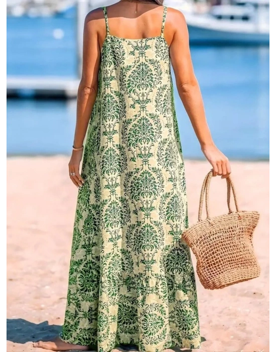 Kadın Ip Askılı Desenli Fırfırlı Süprem Elbise