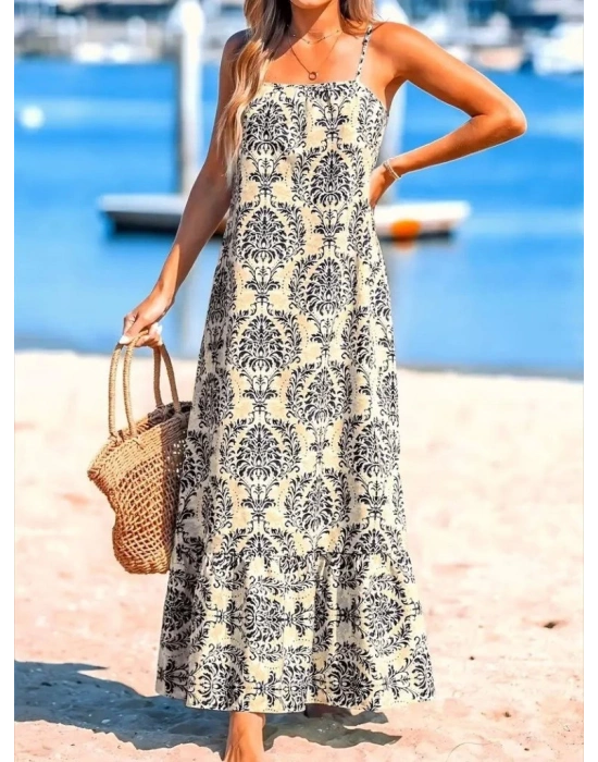 Kadın Ip Askılı Desenli Fırfırlı Süprem Elbise