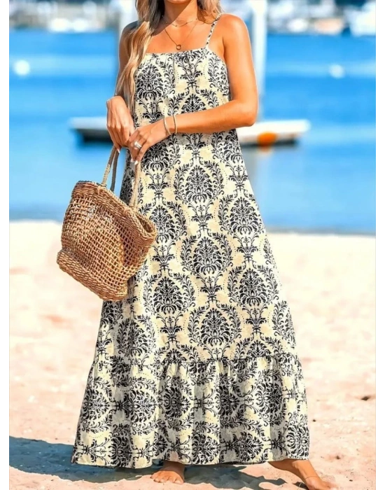 Kadın Ip Askılı Desenli Fırfırlı Süprem Elbise