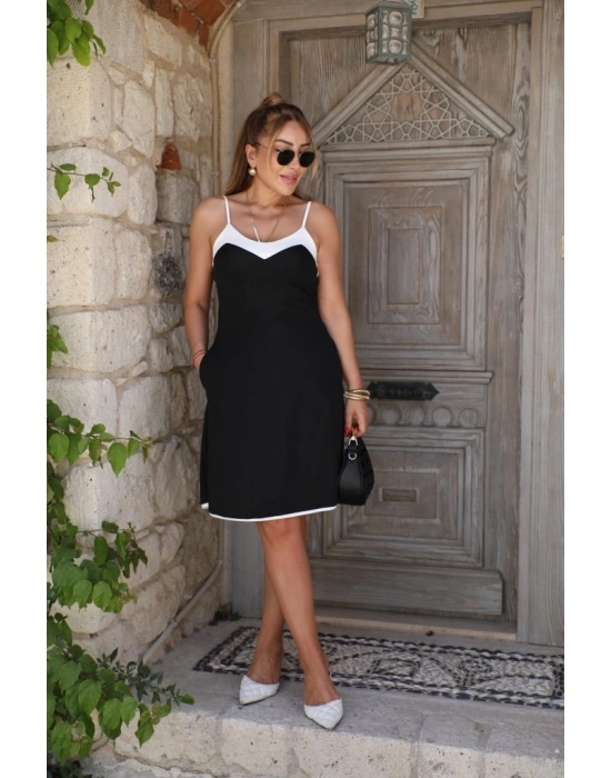 Kadın Ip Askılı Geniş V Yakalı çift Renkli Janjan Krep Elbise