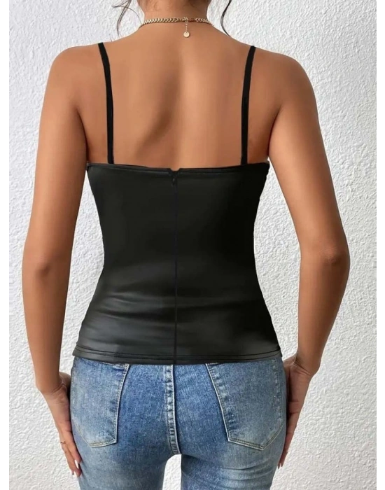 Kadın Ip Askılı Geniş V Yakalı Deri Bluz