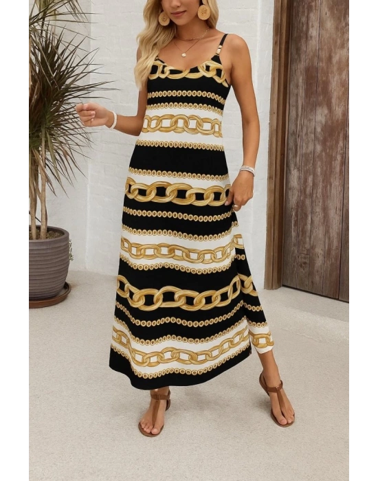 Kadın Ip Askılı Geniş V Yakalı Desenli Süprem Elbise