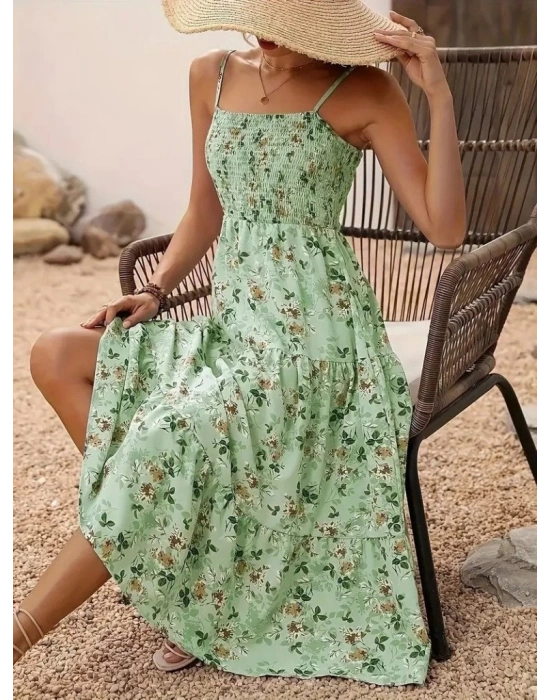 Kadın Ip Askılı Geniş V Yakalı Desenli Uzun Süprem Elbise