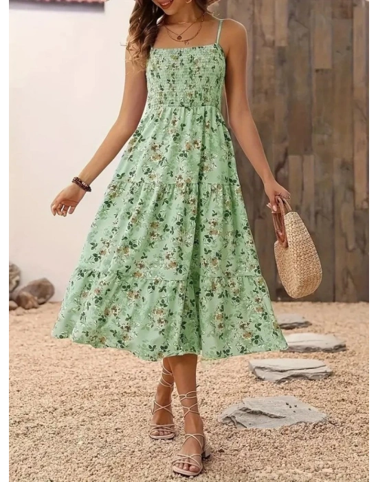 Kadın Ip Askılı Geniş V Yakalı Desenli Uzun Süprem Elbise