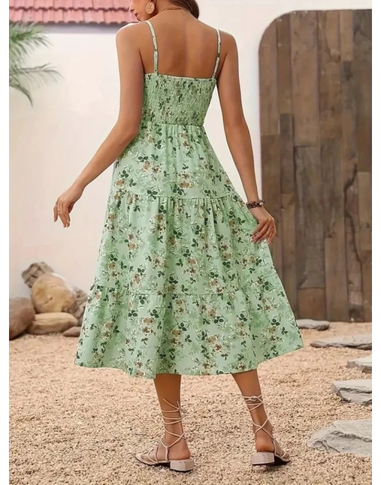 Kadın Ip Askılı Geniş V Yakalı Desenli Uzun Süprem Elbise