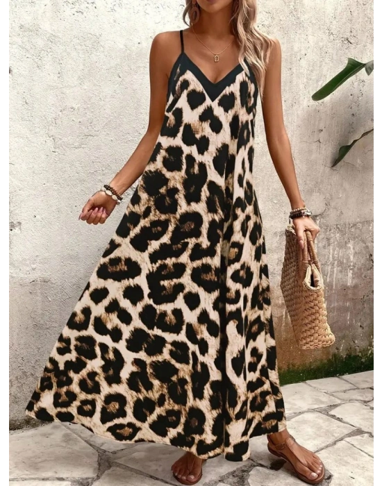 Kadın Ip Askılı Geniş V Yakalı Leopar Desenli Süprem Elbise