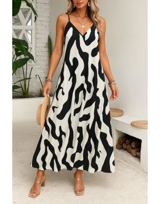 Kadın Ip Askılı Geniş V Yakalı Leopar Desenli Süprem Elbise