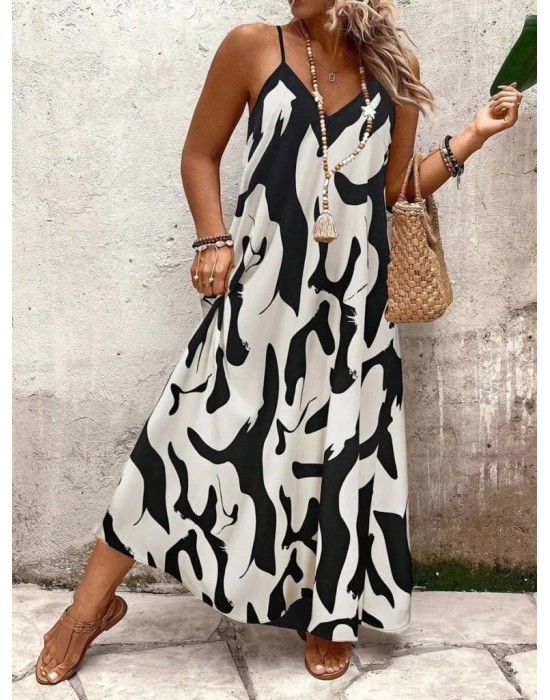 Kadın Ip Askılı Geniş V Yakalı Leopar Desenli Süprem Elbise