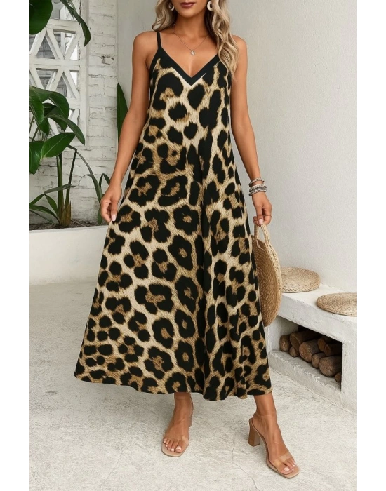 Kadın Ip Askılı Geniş V Yakalı Leopar Desenli Süprem Elbise