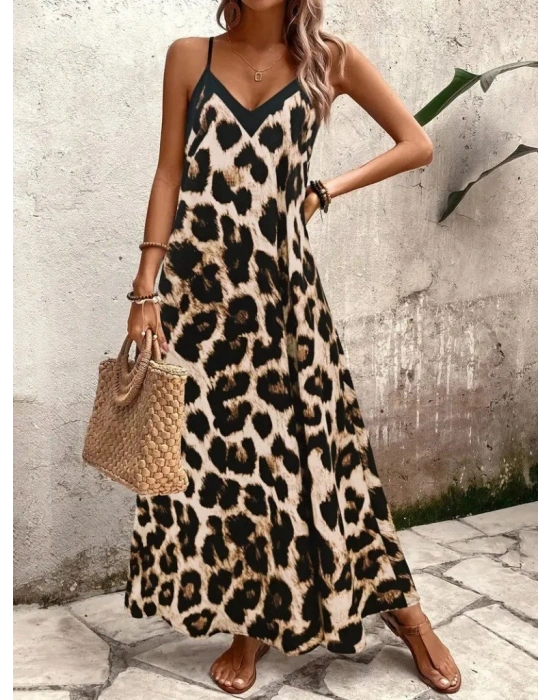 Kadın Ip Askılı Geniş V Yakalı Leopar Desenli Süprem Elbise