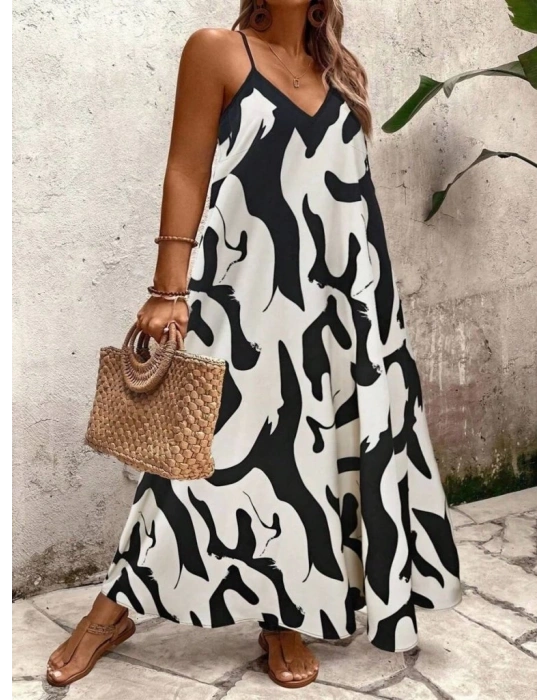 Kadın Ip Askılı Geniş V Yakalı Leopar Desenli Süprem Elbise