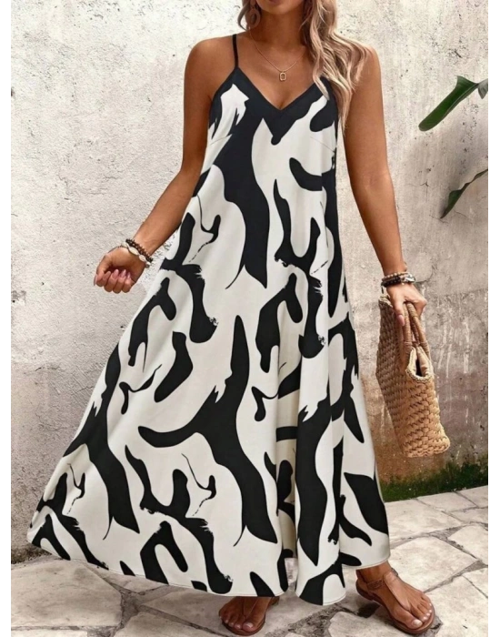 Kadın Ip Askılı Geniş V Yakalı Leopar Desenli Süprem Elbise