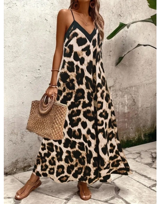 Kadın Ip Askılı Geniş V Yakalı Leopar Desenli Süprem Elbise