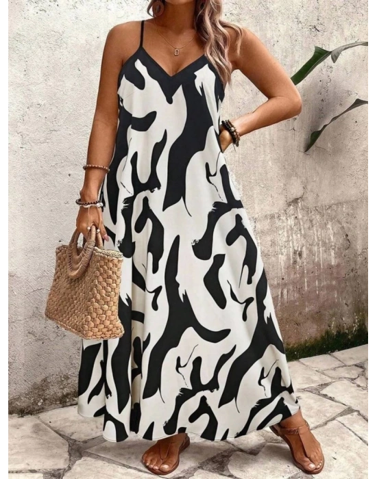 Kadın Ip Askılı Geniş V Yakalı Leopar Desenli Süprem Elbise