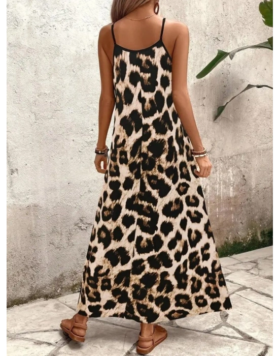 Kadın Ip Askılı Geniş V Yakalı Leopar Desenli Süprem Elbise